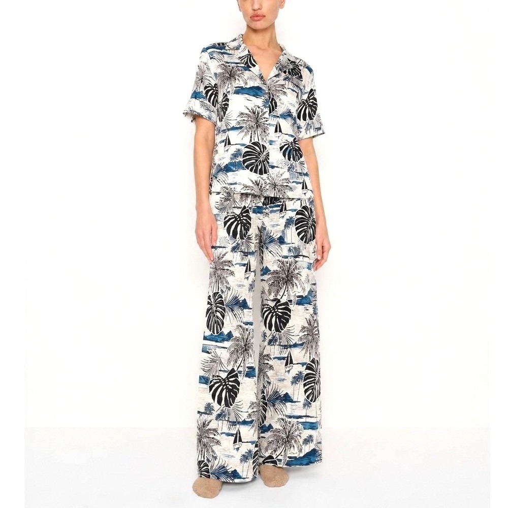 C&C California Linen Rayon Set Women Small Tropical Floral Relax Fit Light Blue